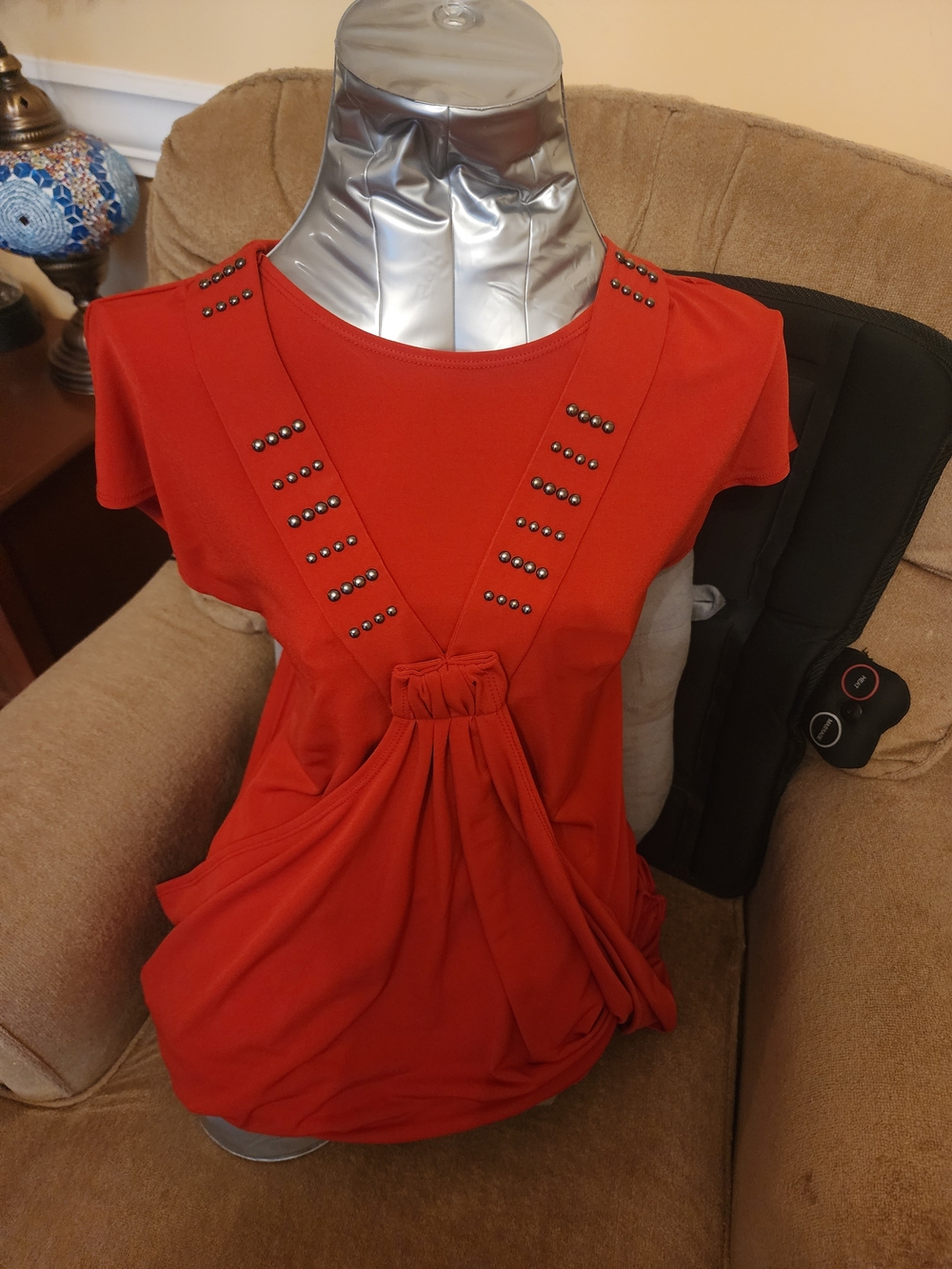 Stud-Detail Red Short Sleeve Knot Front Tunic